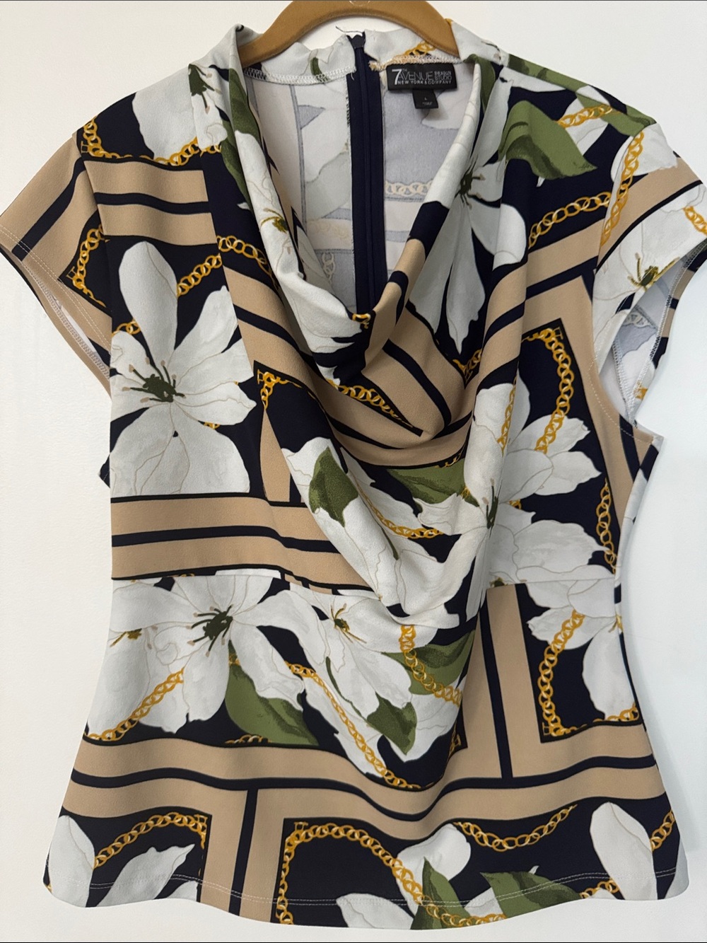 New York & Company Black Beige Floral Cowl-Neck Blouse with Gold Chain Print